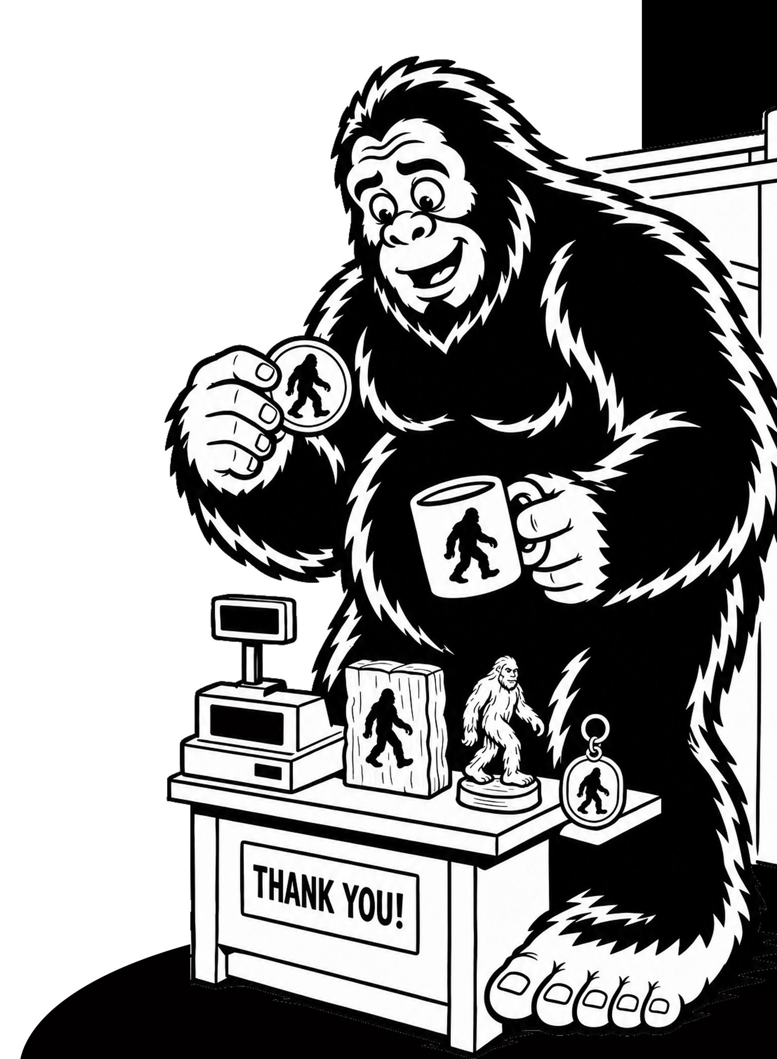 Bigfoot behind a shop counter surrounded by Sasquatch merchandise and a Thank You sign